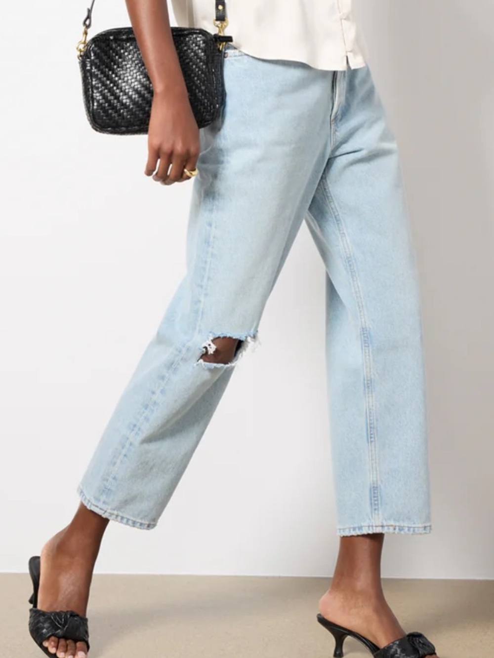 Agolde Light Blue Cropped Straight-Leg Jeans with Knee Rip